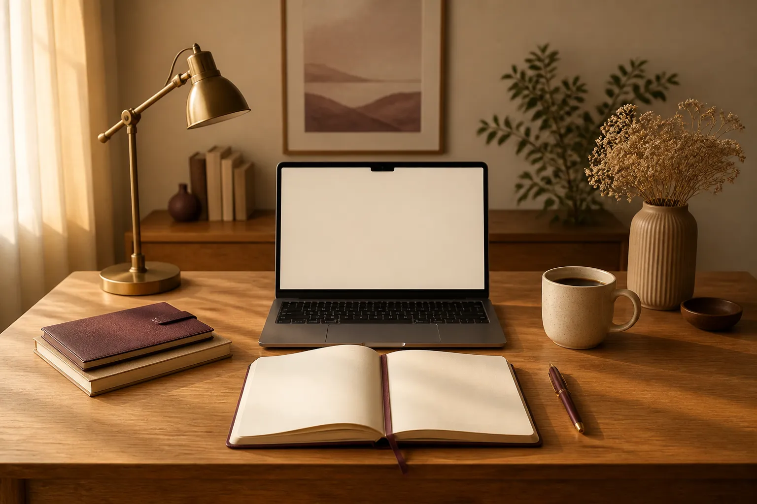 A clean creative workspace with a notebook and laptop open to a manuscript draft
